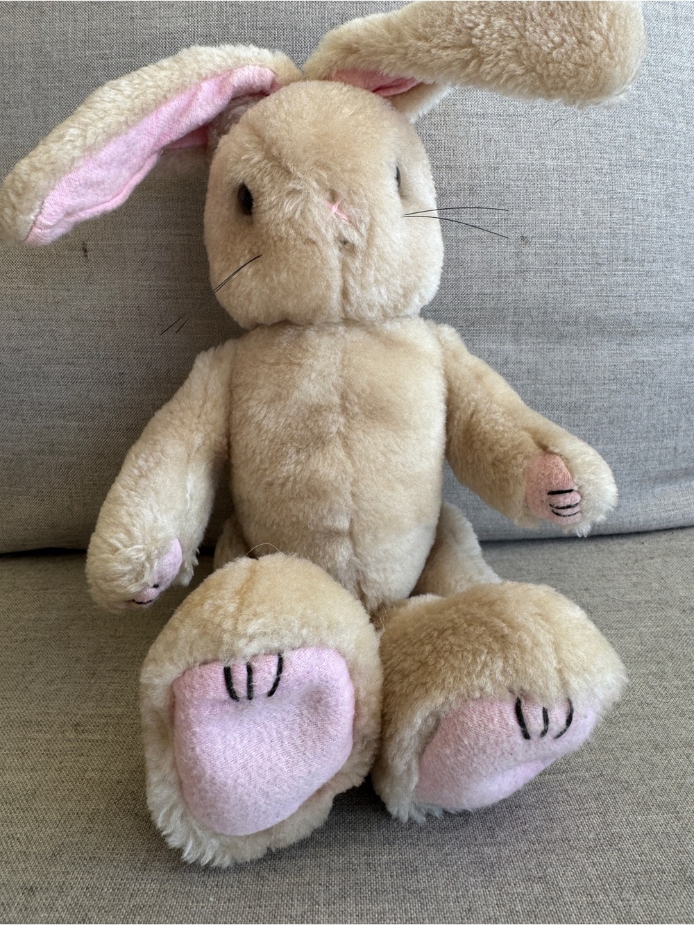 Vintage Plush Beige and Pink Bunny Soft Toy jointed